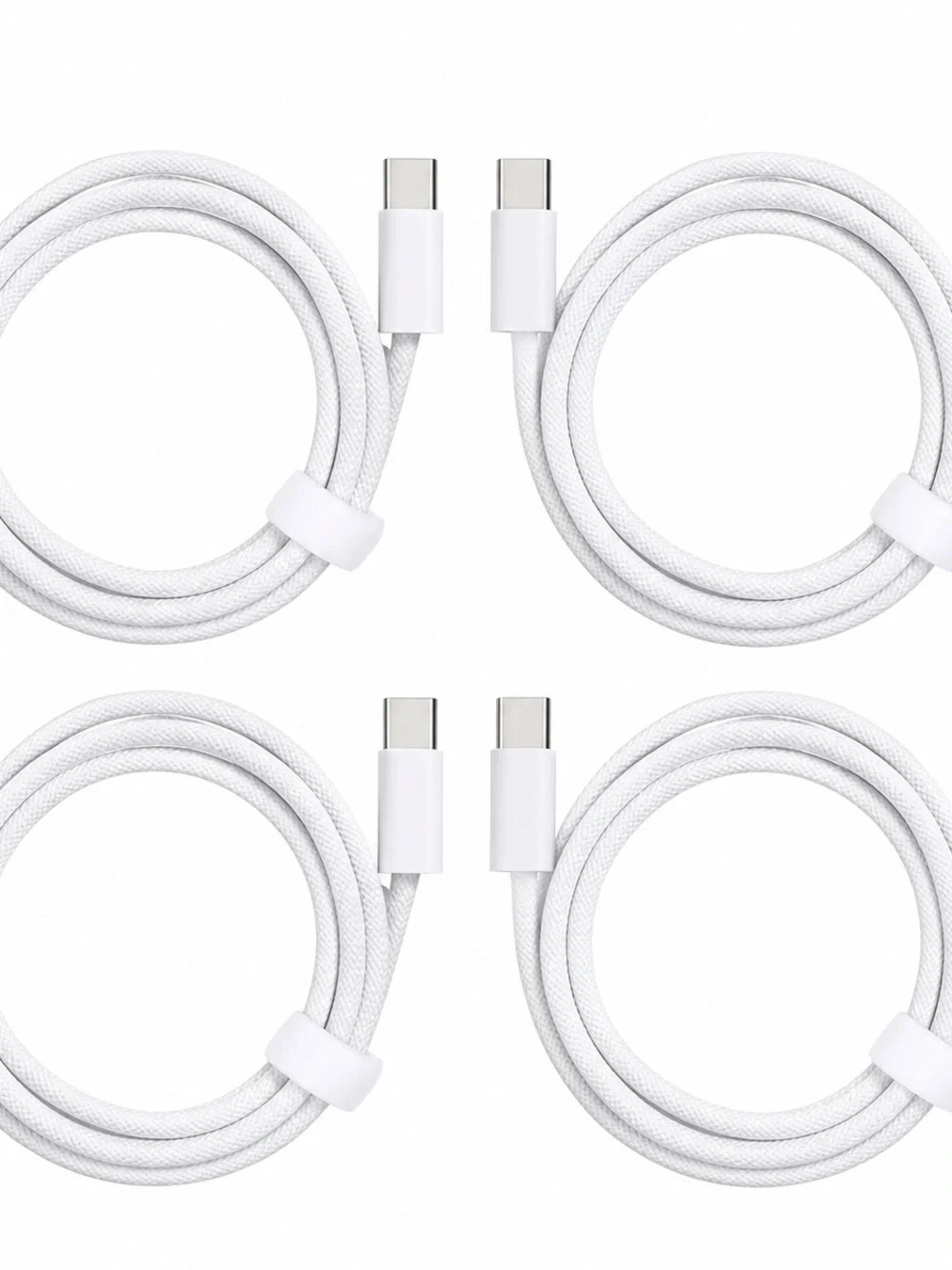 Braided USB-C to USB-C Fast Charging Cables - 4 Pack (White)